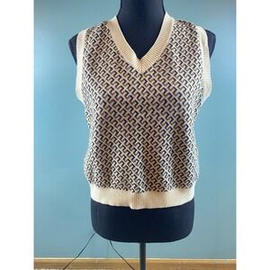 Juniors XL Crop‎ Sweater Vest Tan Brown Cream Very Soft Geometric Design